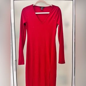 F21 Long sleeved ribbed red dress with leg slit size medium